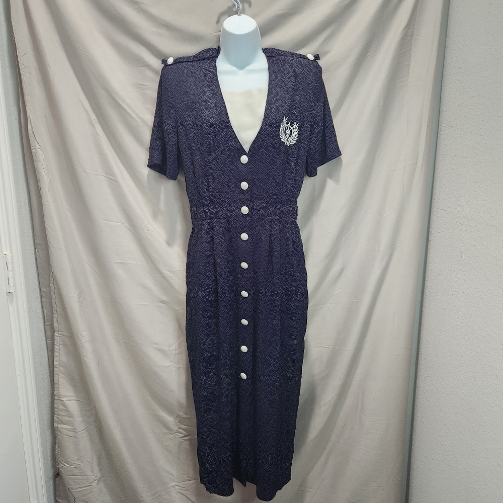 R. J. Stevens Vintage 80s White Polka Dot Button Down Tie Back Black Maxidress